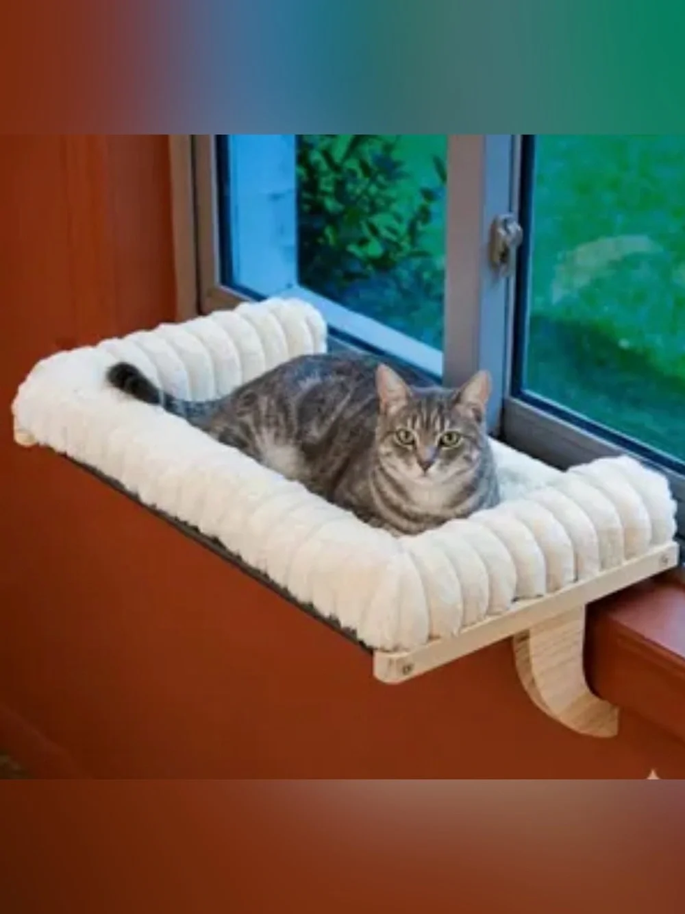 wooden cat window perch featuring an adjustable hook-on mounting Gray